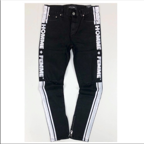 Homme + Femme LA Striped Logo Denim Black White Distressed Rare racing jeans